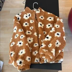 RSQ Tan and Cream Floral Sherpa Jacket